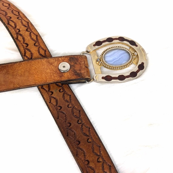 Vintage Tooled-Leather Belt With Agate Buckle 43" - Picture 1 of 6